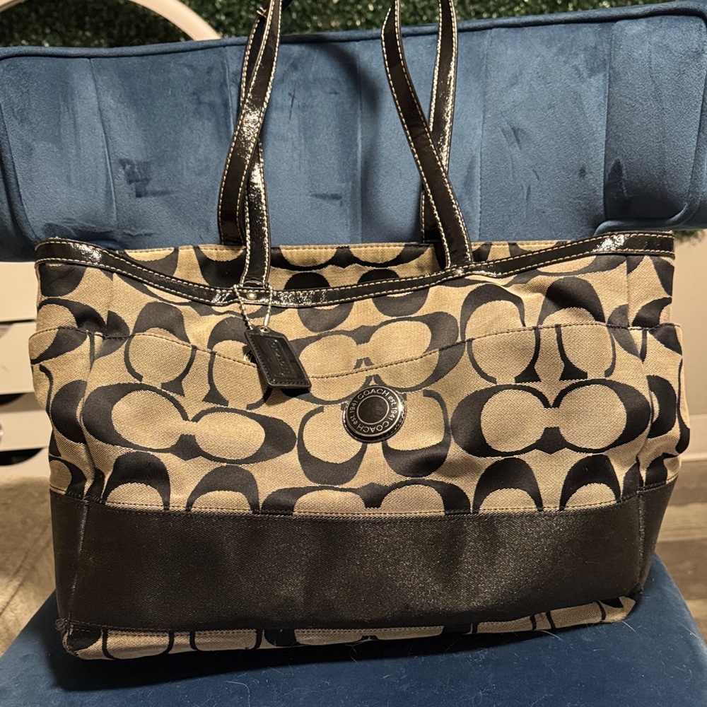 Coach Black and Tan Canvas Tote
